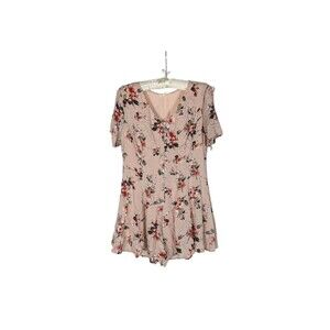 Illa Illa Romper M Women's Pink Floral Vneck Button Down Swiss Dot Cold Shoulder